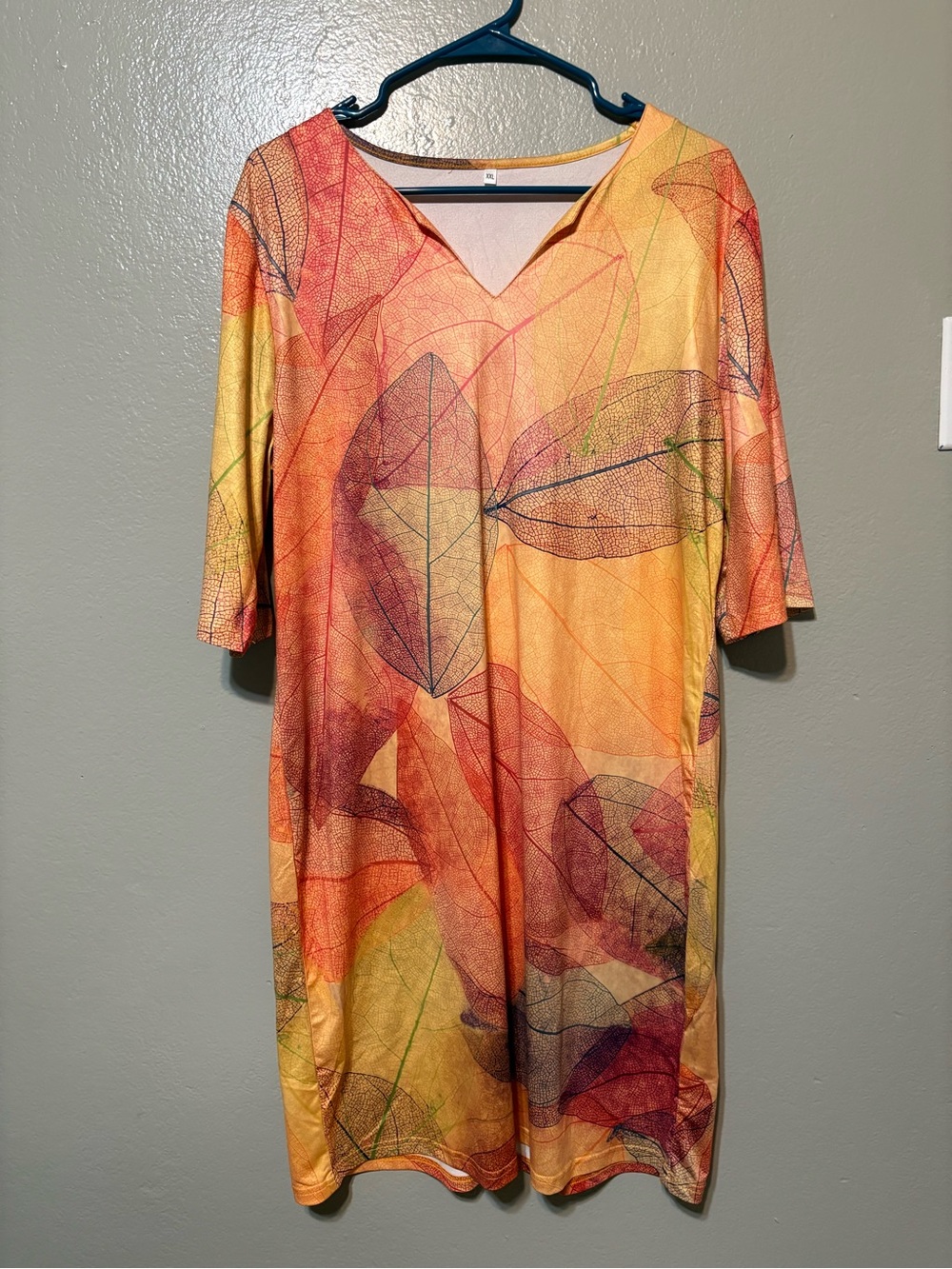 Women’s V-Neck Leaf Print Dress in Orange and Red Size XXL